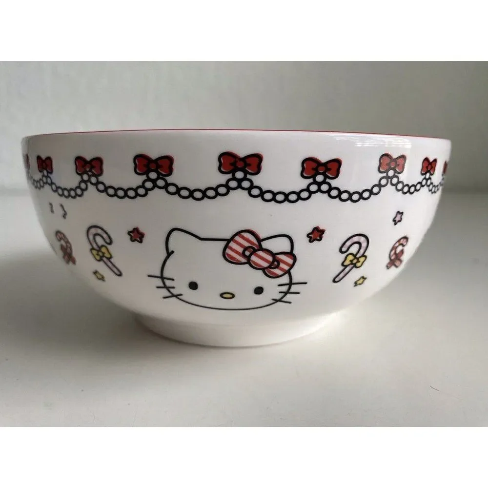 Set Of 4 Sanrio Hello Kitty Ceramic 27 Oz Bowl Christmas Candy Cane‎ Garland NEW